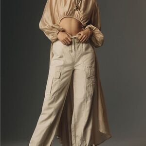 Maeve Anthropologie Tan Wide-Leg Pants High-Waisted Relaxed Fit